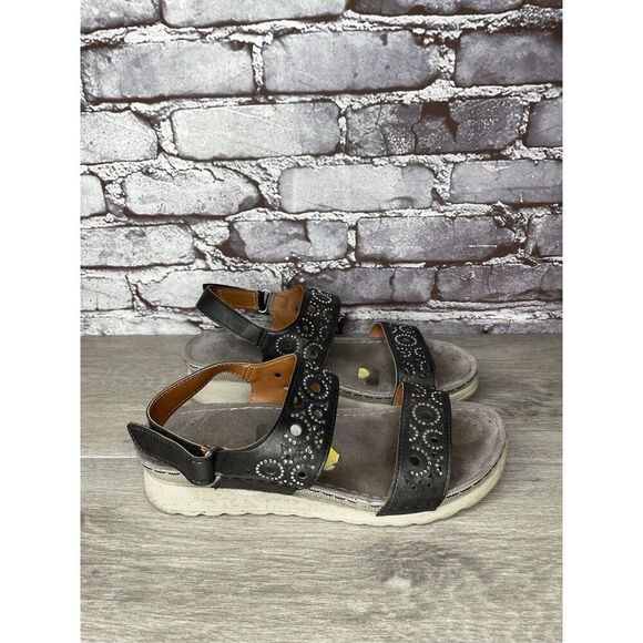 Flexus Spring Step Anatomic Black Leather Rhinestone Strap Sandals Women Sz 10M - Picture 11 of 16